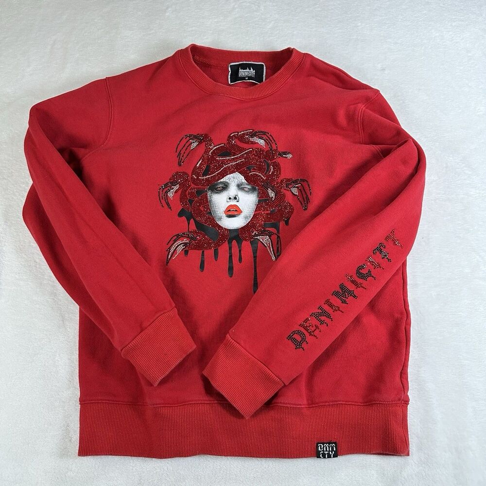 Denim City NYC Red Medusa Rhinestone Graphic Sweatshirt Womens M 100% Cotton